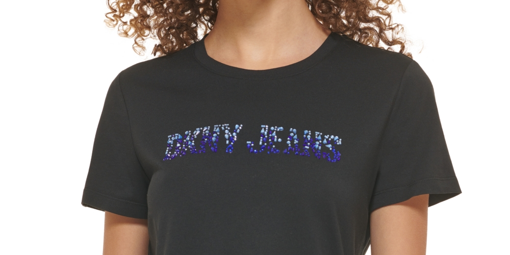 DKNY Women's Rhinestone Logo Crewneck T-Shirt Black Size Small