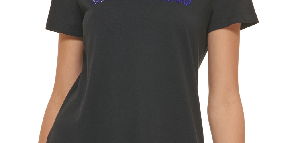 DKNY Women's Rhinestone Logo Crewneck T-Shirt Black Size Small