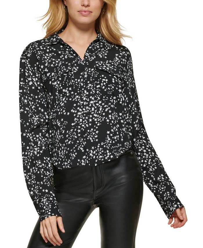 DKNY Women's Star Print Button Front High Low Top Black Size Medium