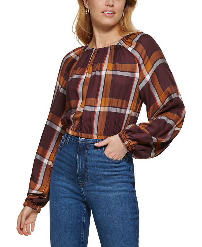 DKNY Women's Plaid-Print Long-Sleeve Peasant Top Brown Size Large