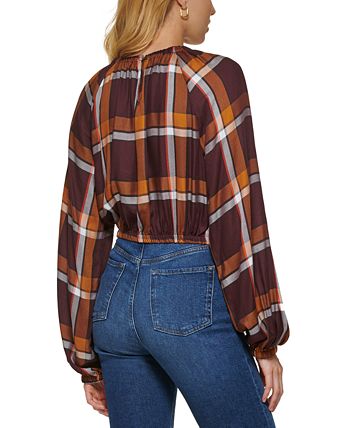 DKNY Women's Plaid-Print Long-Sleeve Peasant Top Brown Size Large