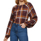 DKNY Women's Plaid Print Long Sleeve Peasant Top Brown Size X-Small