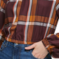DKNY Women's Plaid Print Long Sleeve Peasant Top Brown Size X-Small