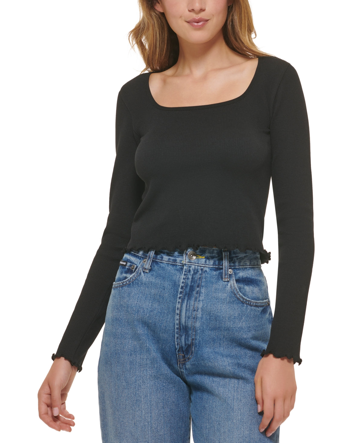 DKNY Women's Square Neck Lettuce Edge Top Black Size XX-Small