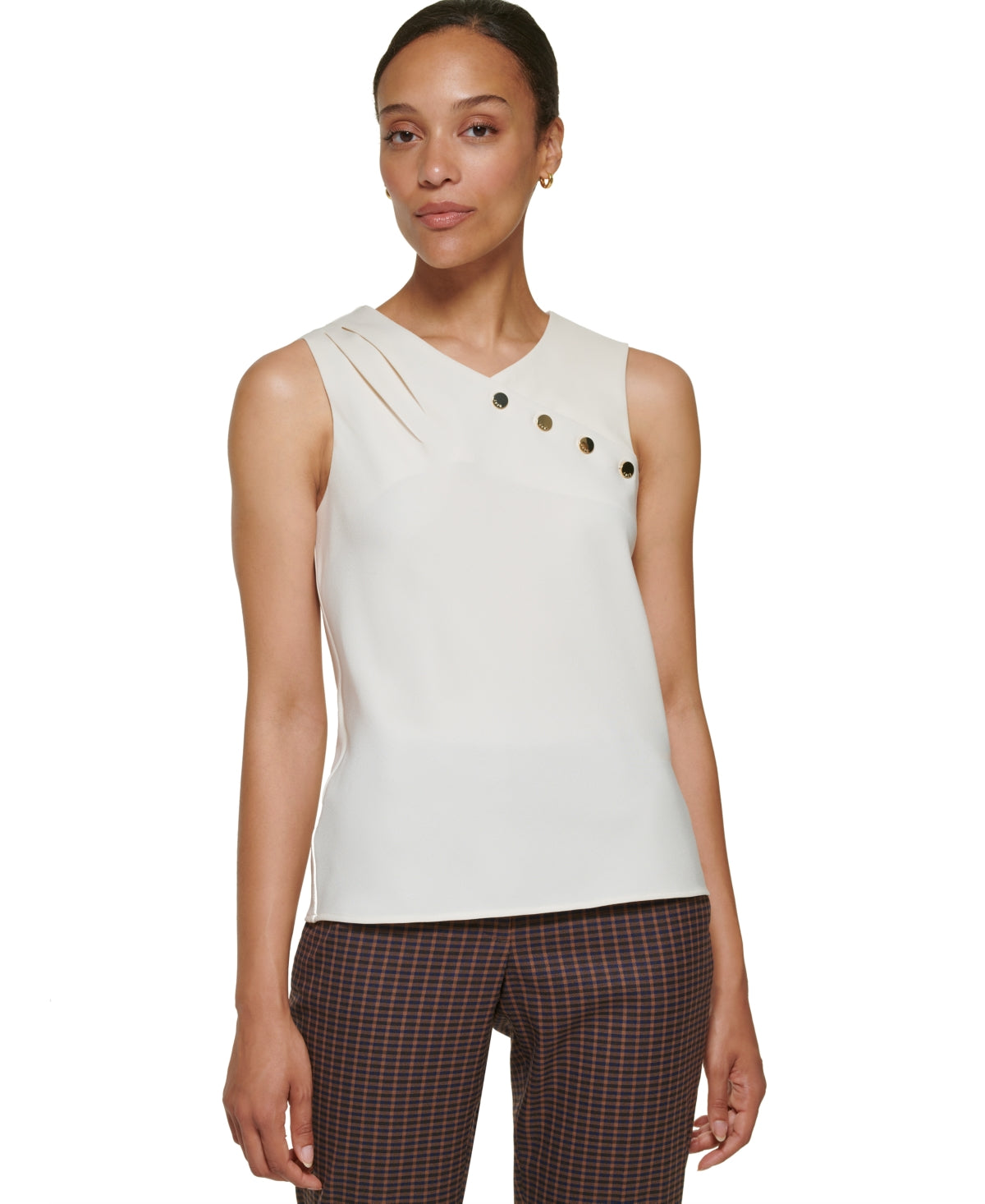 DKNY Women's Sleeveless Asymmetrical Embellished Neckline Blouse White Size Small