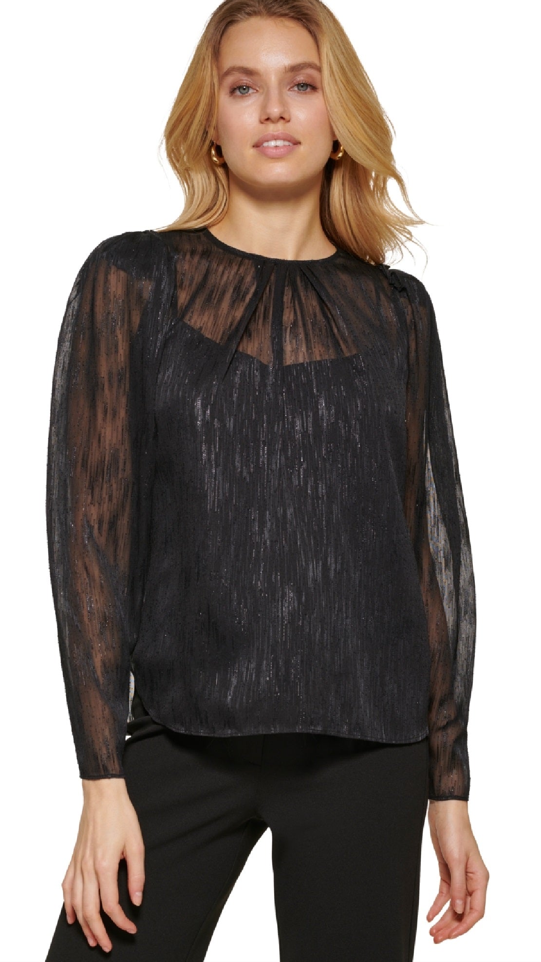 dkny-womens-metallic-long-sleeve-blouse-black-size-large