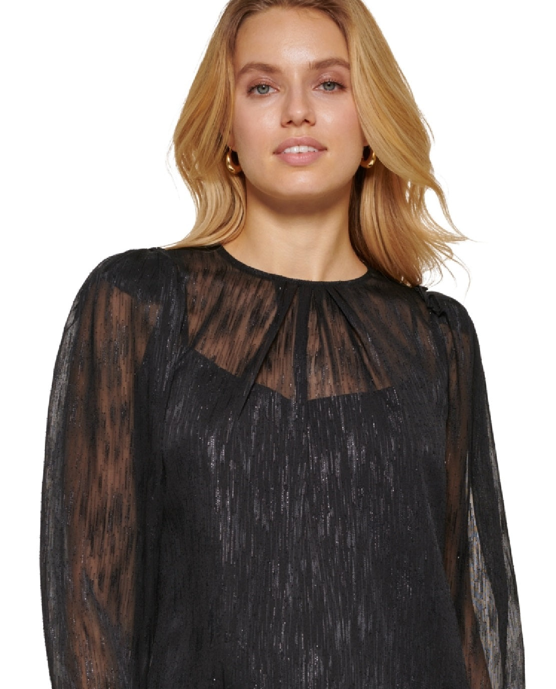 DKNY Women's Metallic Long Sleeve Blouse Black Size Medium
