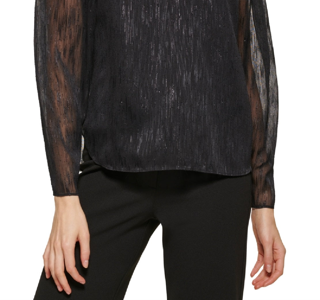 DKNY Women's Metallic Long Sleeve Blouse Black Size Medium