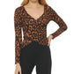 DKNY Women's Printed V Neck Faux Wrap Long Sleeve Top Brown Size Large