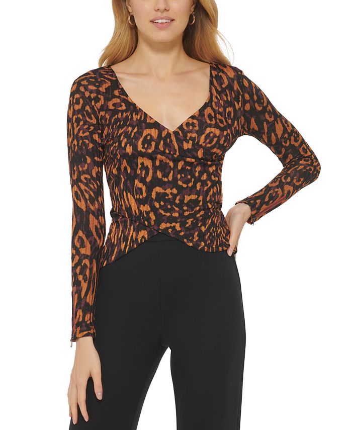 DKNY Women's Printed V Neck Faux Wrap Long Sleeve Top Brown Size Large