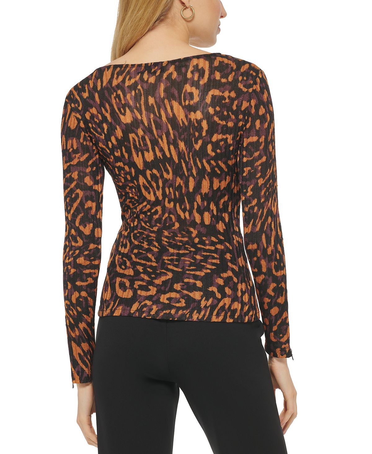 DKNY Women's Printed V Neck Faux Wrap Long Sleeve Top Brown Size Large