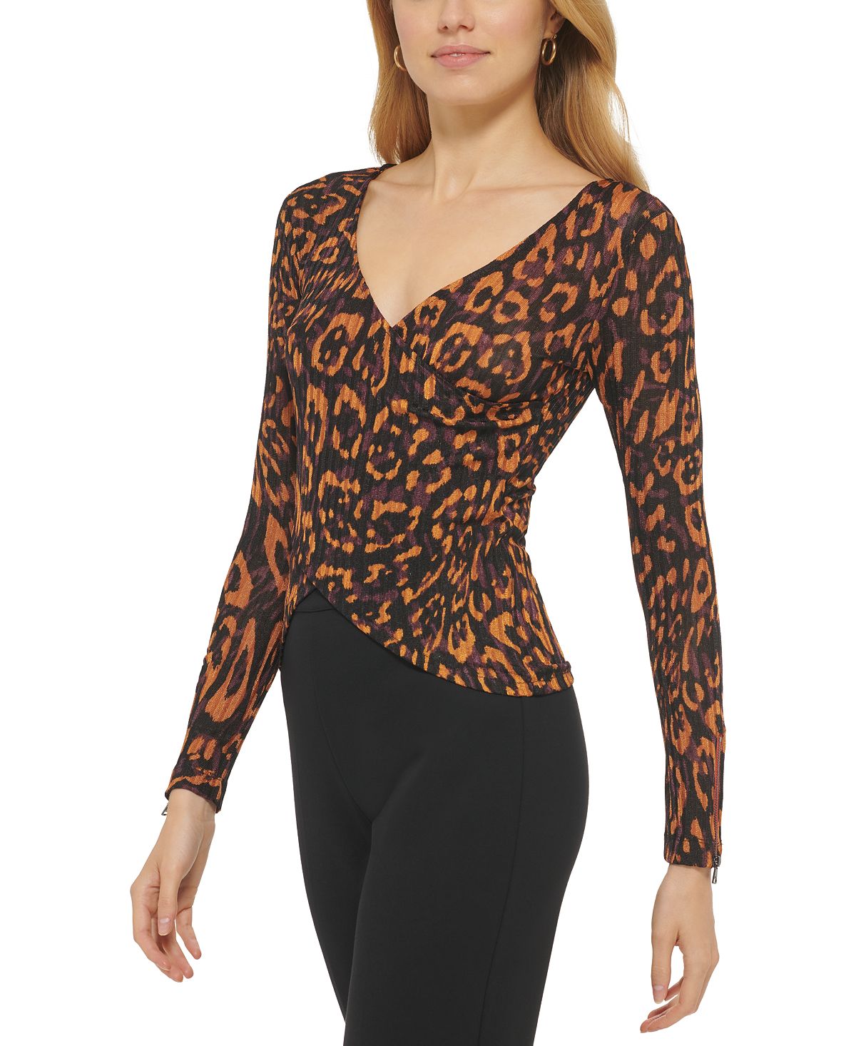 DKNY Women's Printed V Neck Faux Wrap Long Sleeve Top Brown Size Large