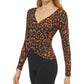 DKNY Women's Printed V Neck Faux Wrap Long Sleeve Top Brown Size Medium