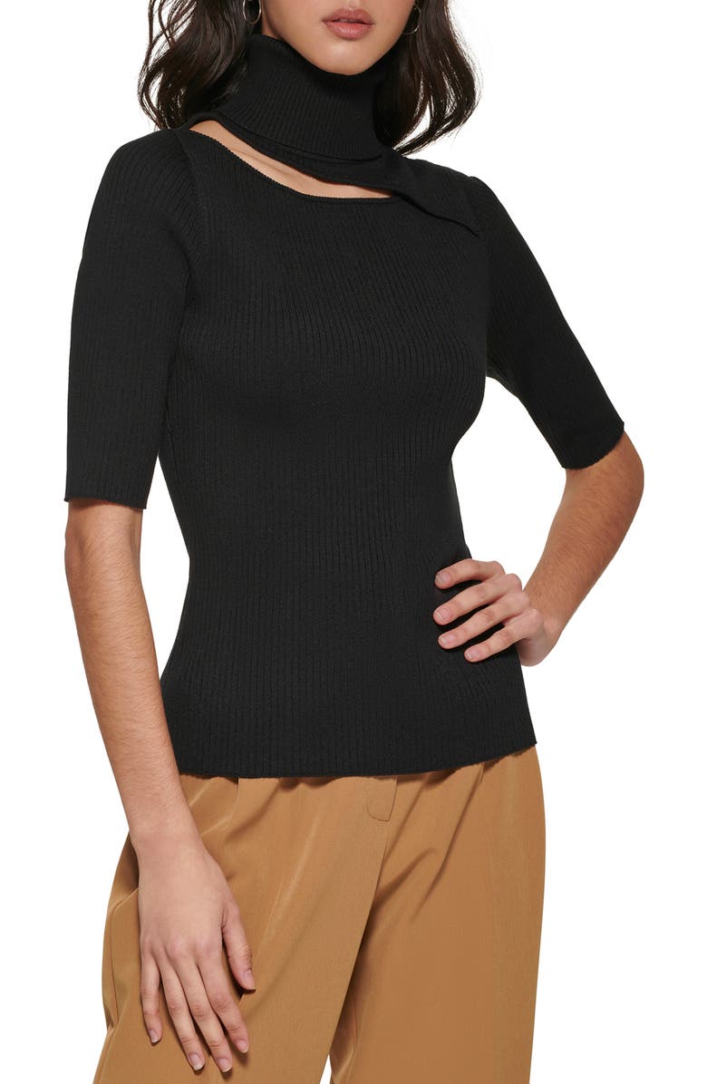 DKNY Women's Cutout Elbow Sleeve Turtleneck Rib Sweater Black Size Medium