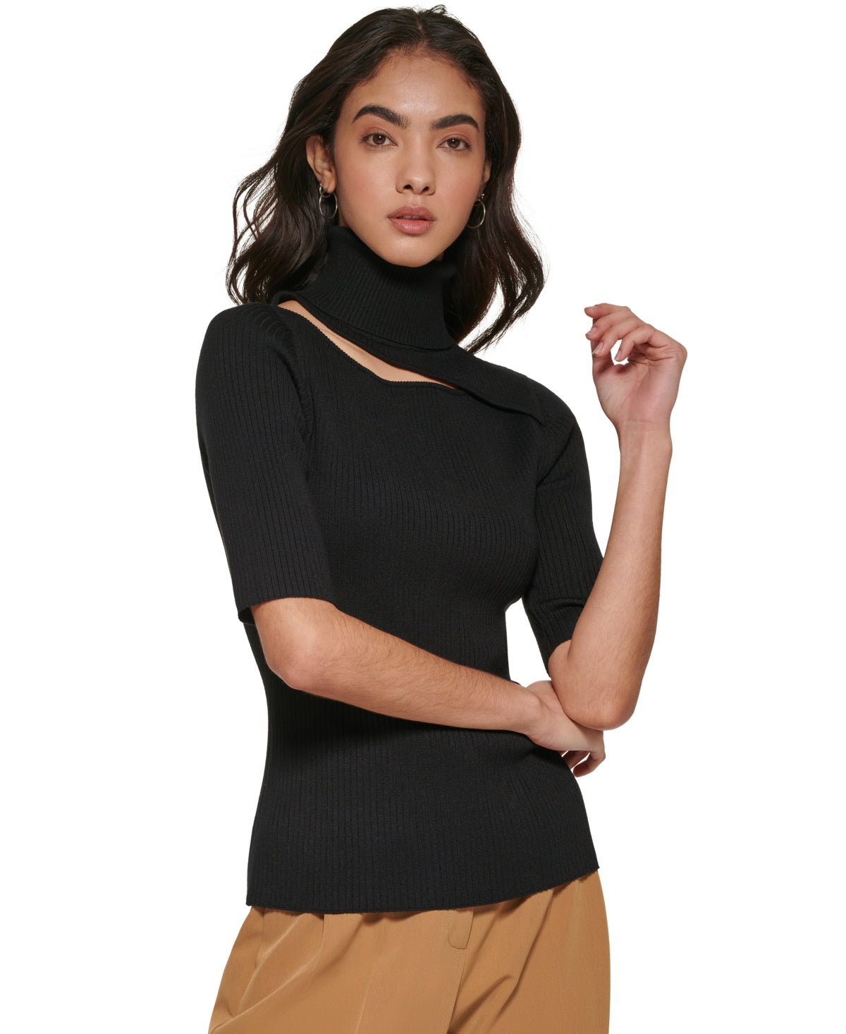 DKNY Women's Cutout Elbow Sleeve Turtleneck Rib Sweater Black Size Medium