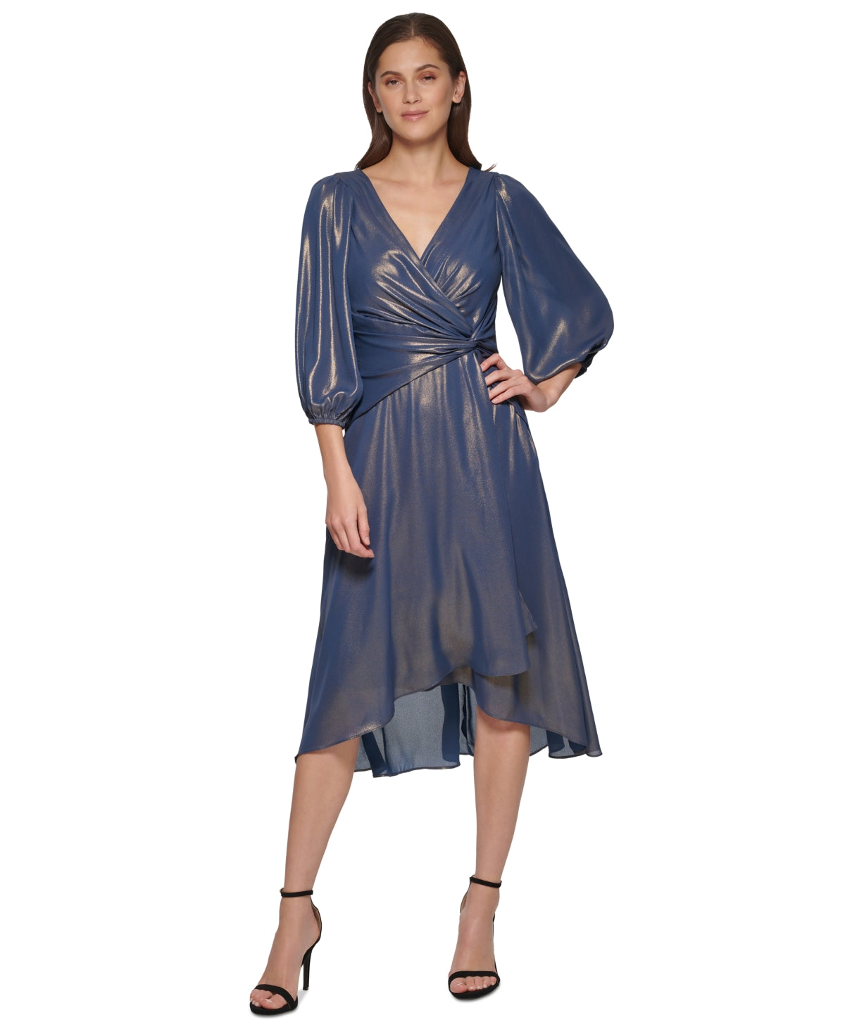 DKNY Women's Iridescent Twisted Balloon Sleeve Dress Blue Size 10