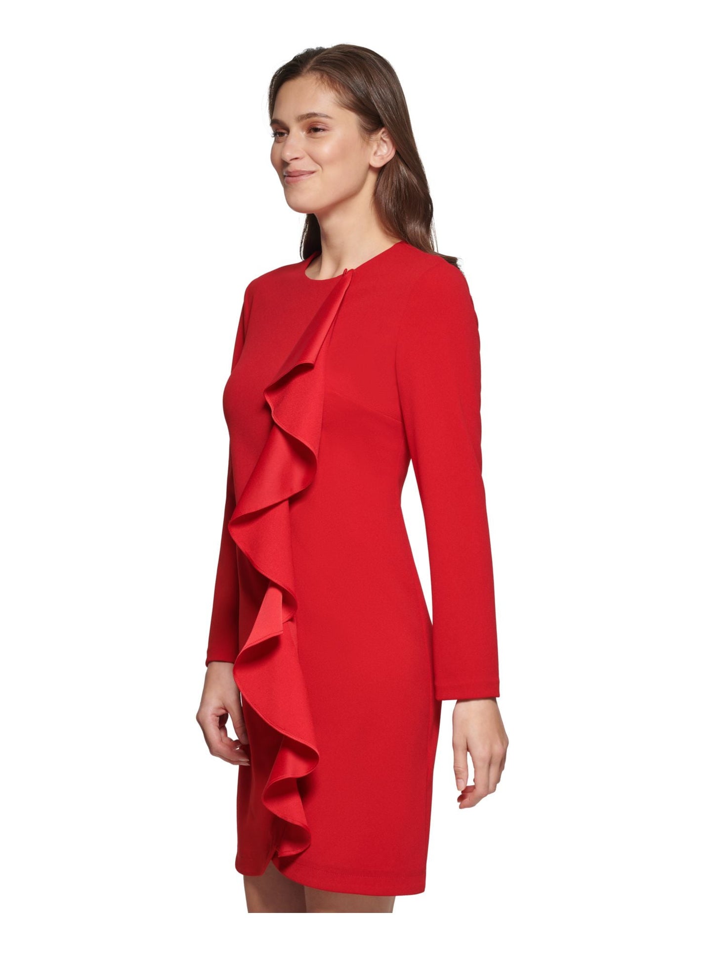 DKNY Women's Cascading Ruffle Long Sleeve Dress Red Size 2