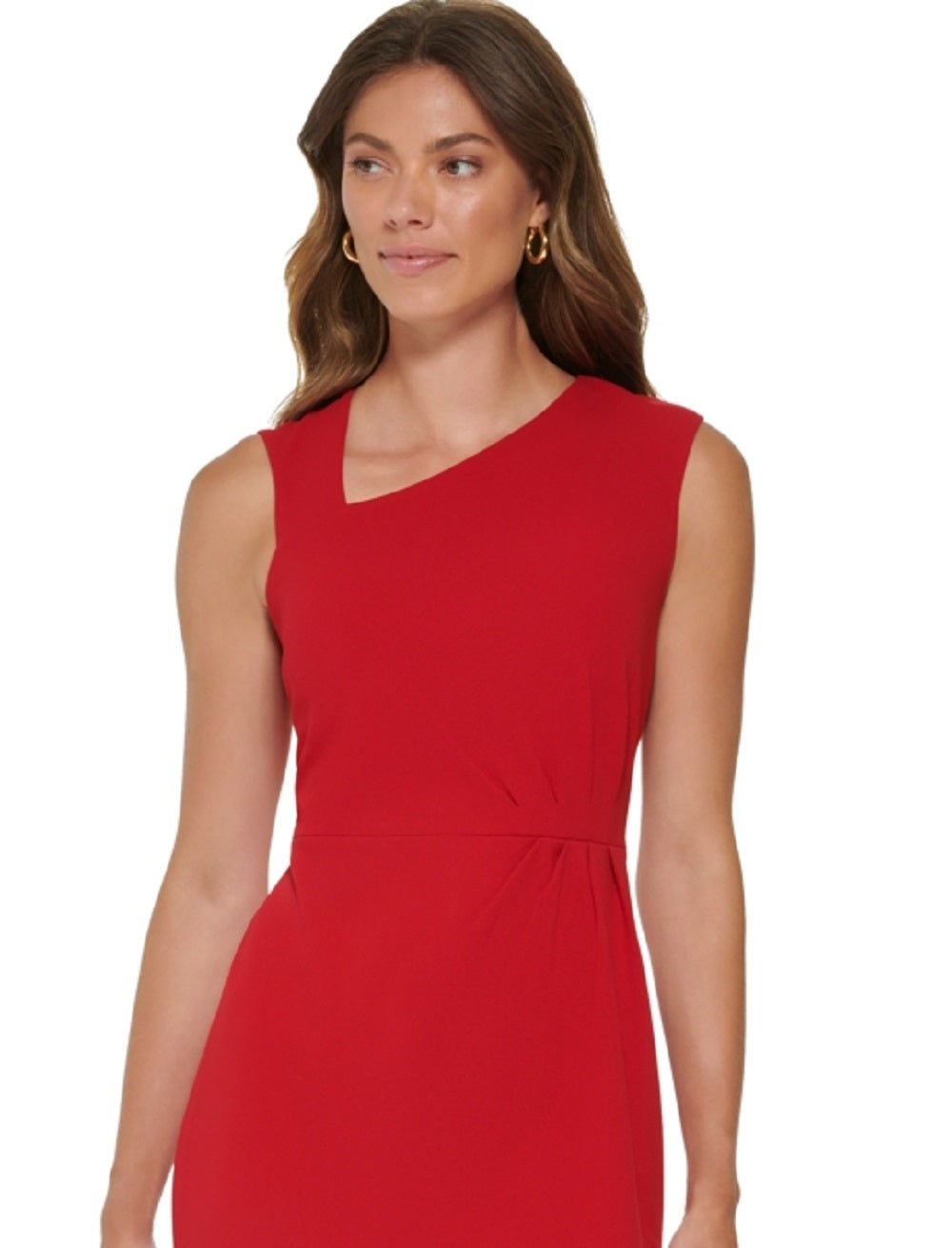 DKNY Women's Asymmetrical Neck Ruched Midi Dress Red Size 12