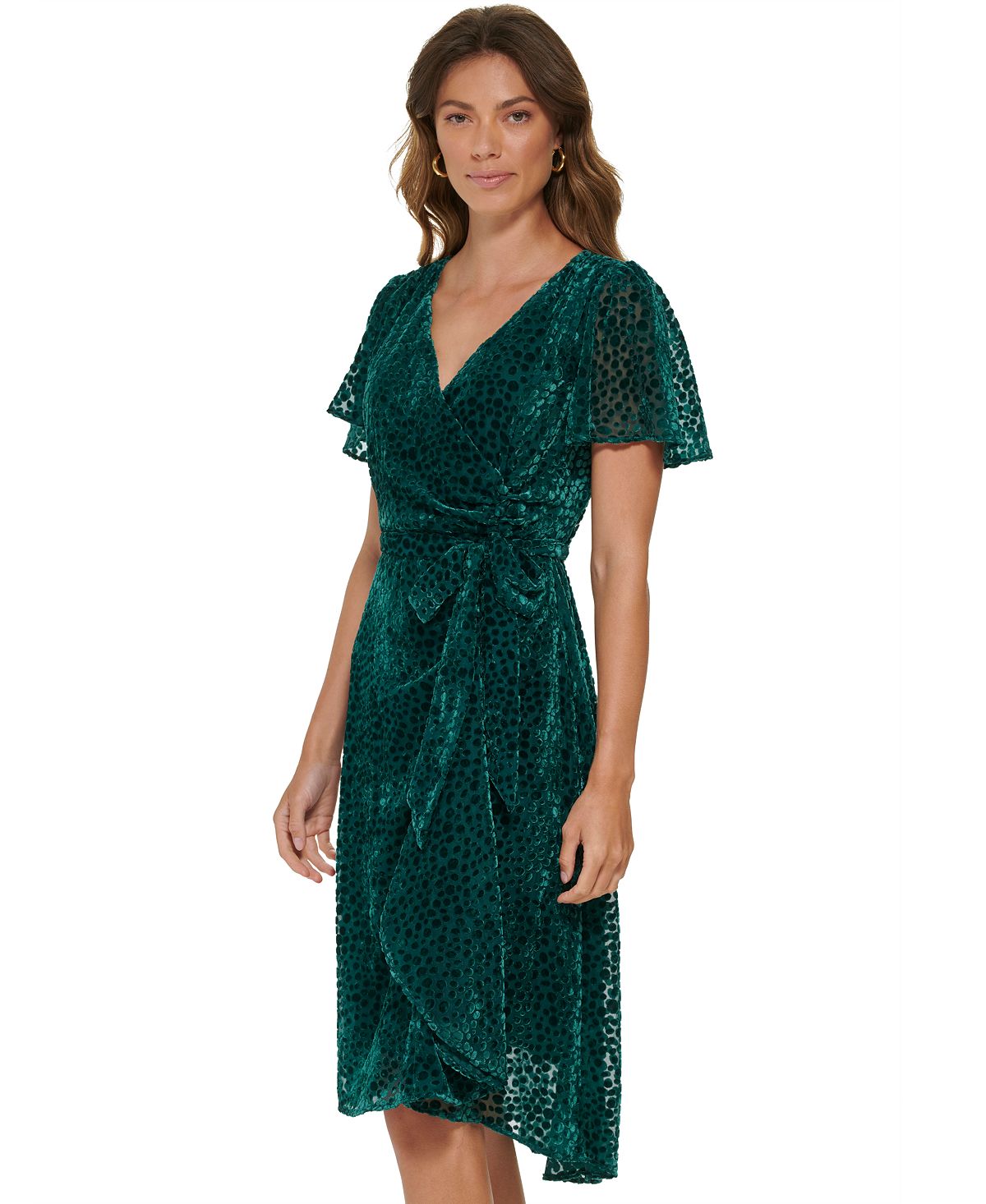 DKNY Women's Burnout Velvet Flutter Sleeve Midi Dress Green Size 14