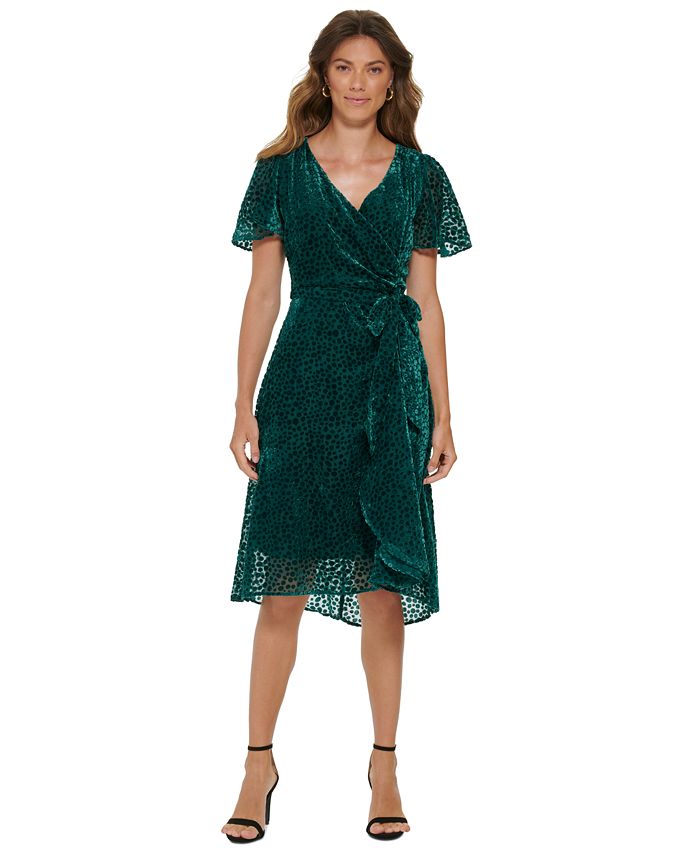 DKNY Women's Burnout Velvet Flutter Sleeve Midi Dress Green Size 8