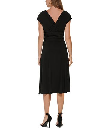 DKNY Women's Ruched V-Neck Midi Dress Black Size 14