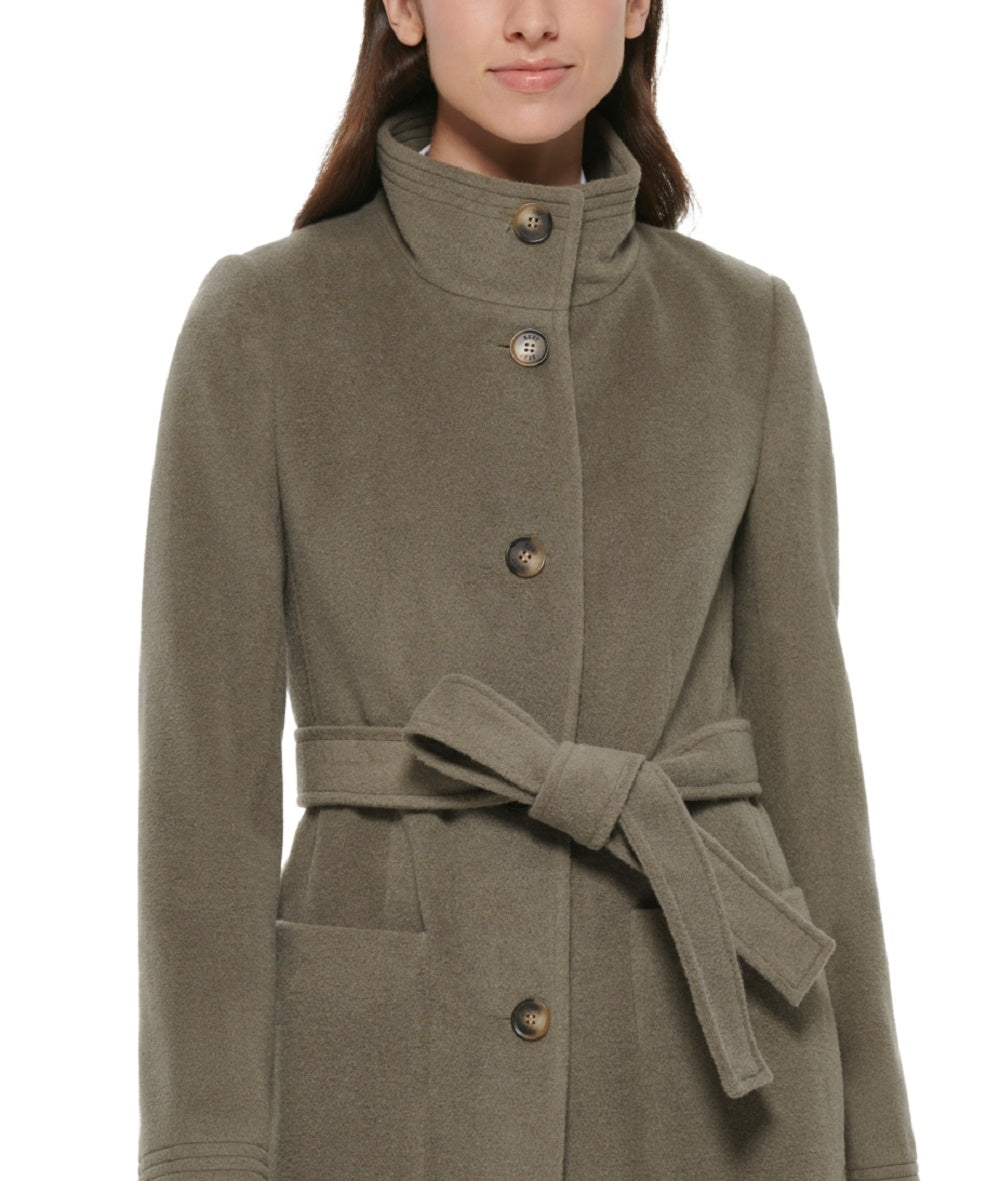 DKNY Women's Stand Collar Button Front Belted Coat Green Size Large
