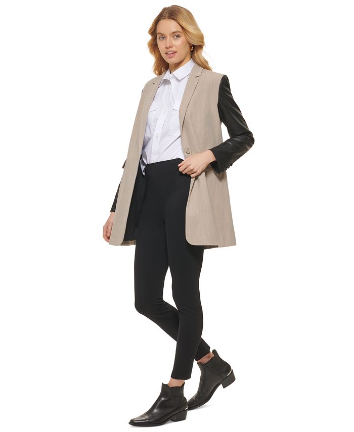 DKNY Women's Mixed Media Faux Leather Sleeve Jacket Brown Size Medium