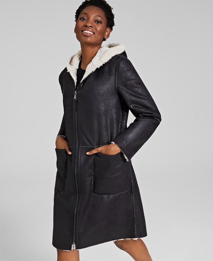 DKNY Women's Hooded Faux Shearling Coat Black Size Large