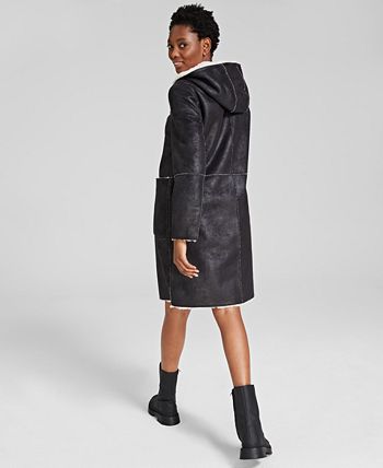 DKNY Women's Hooded Faux Shearling Coat Black Size Large