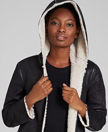 DKNY Women's Hooded Faux Shearling Coat Black Size Large