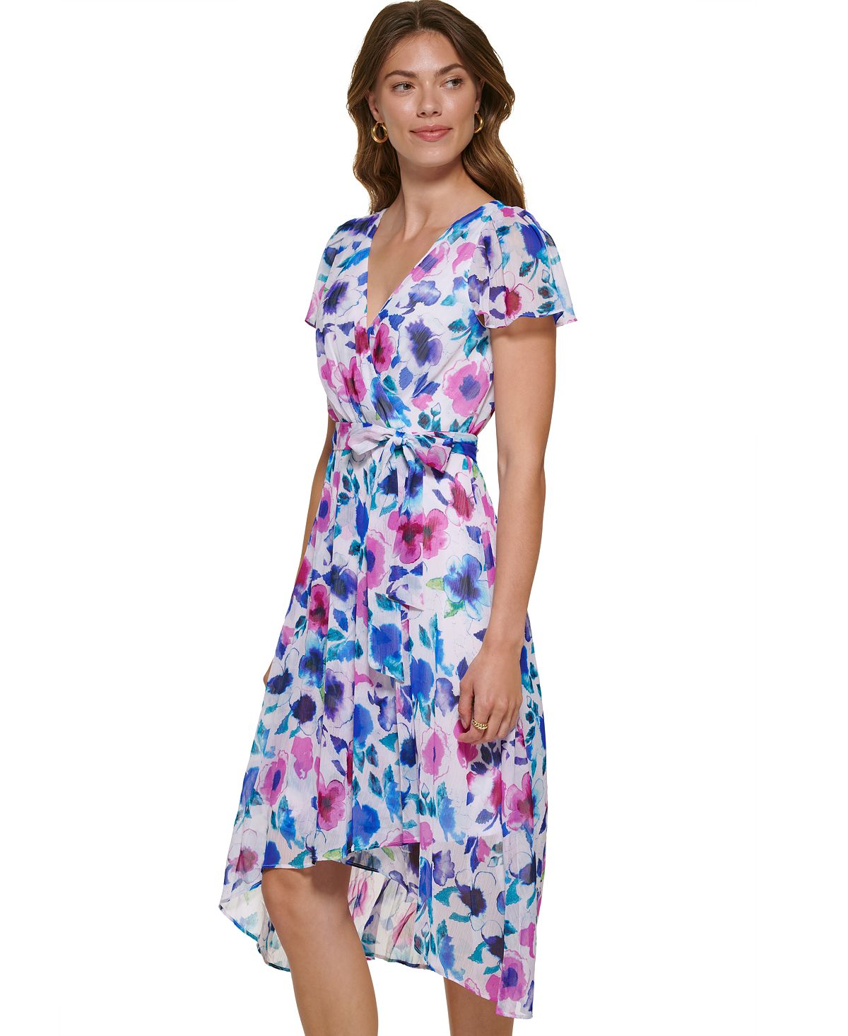 DKNY Women's Floral Print Faux Wrap Dress Blue Size 8