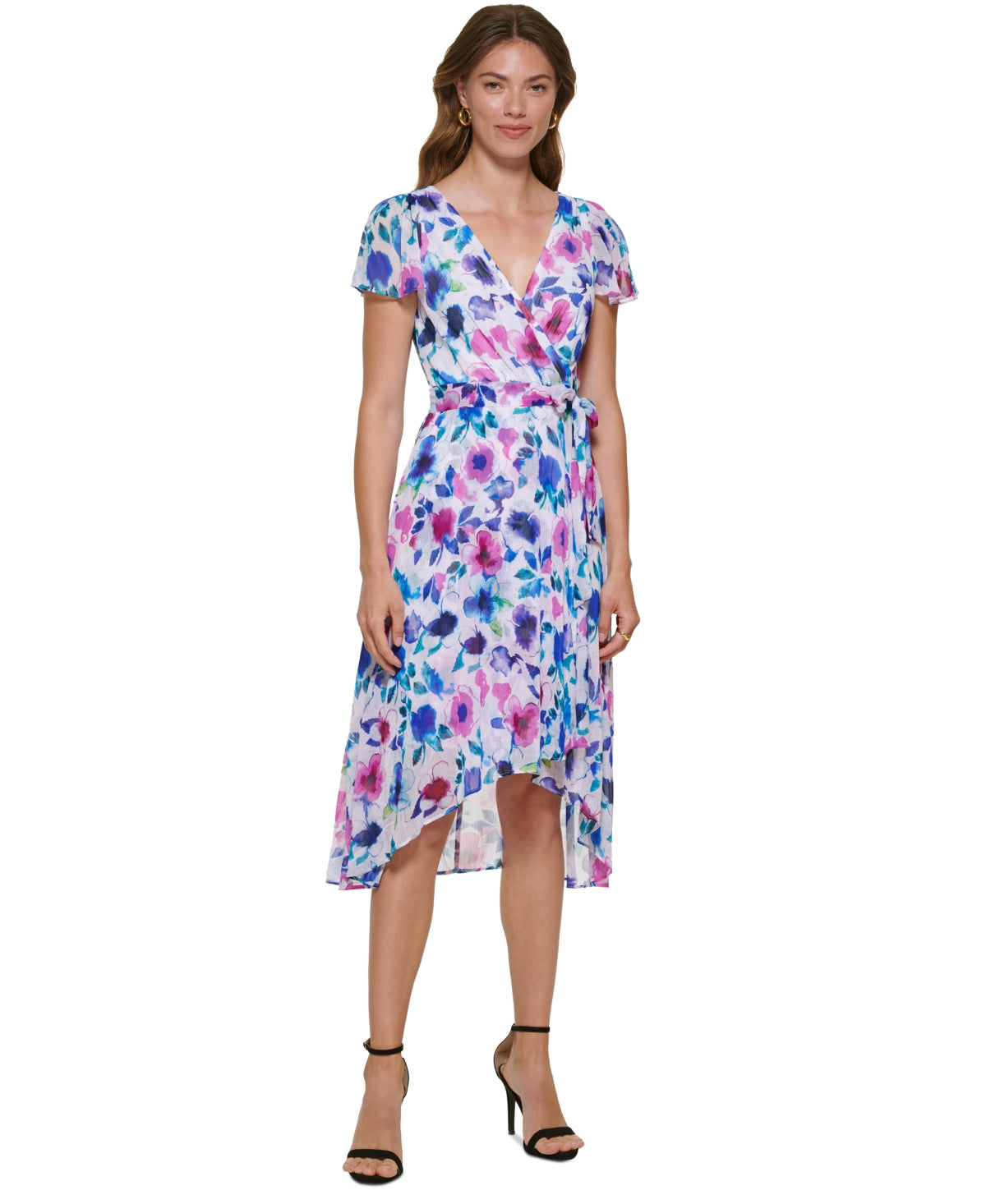 DKNY Women's Floral Print Faux Wrap Dress Blue Size 8