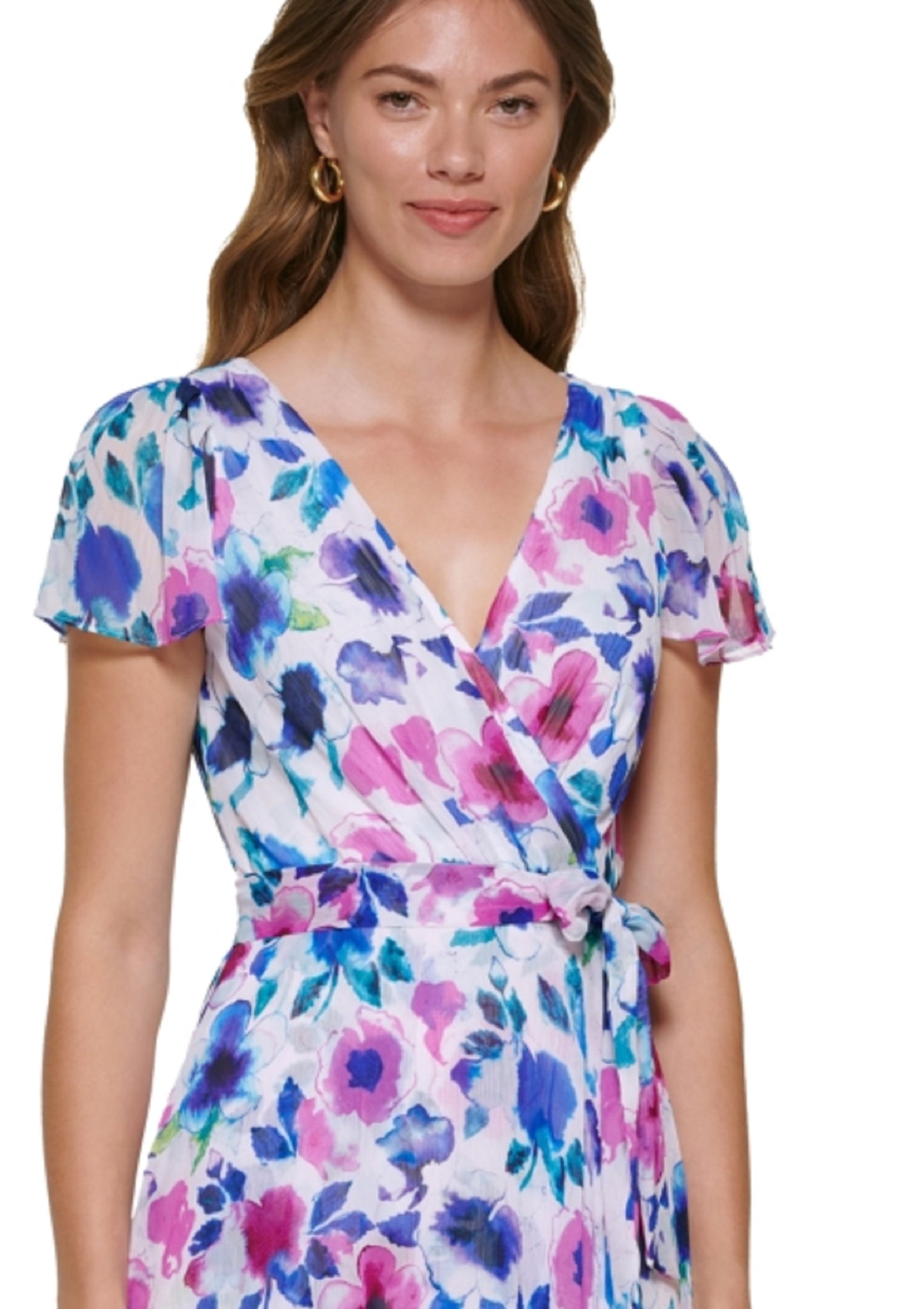 DKNY Women's Floral Print Faux Wrap Dress Blue Size 4
