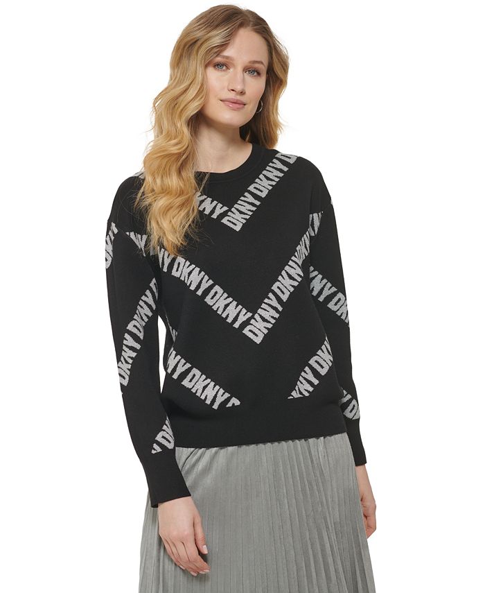 DKNY Women's Allover Logo Long Sleeve Crewneck Sweater Black Size X-Small