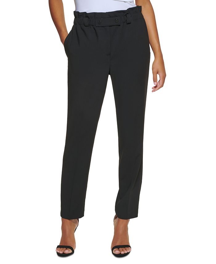DKNY Women's High Rise Snap Button Paperbag Waist Pants Black Size 16