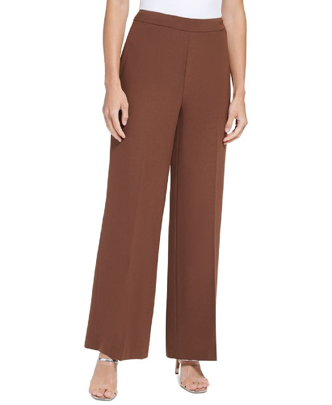 DKNY Women's High Rise Wide Leg Side Zip Pants Brown Size 14 Petite