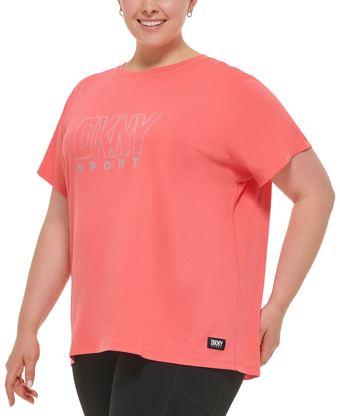 DKNY Women's Cotton Embellished Logo T Shirt Red Size 1X