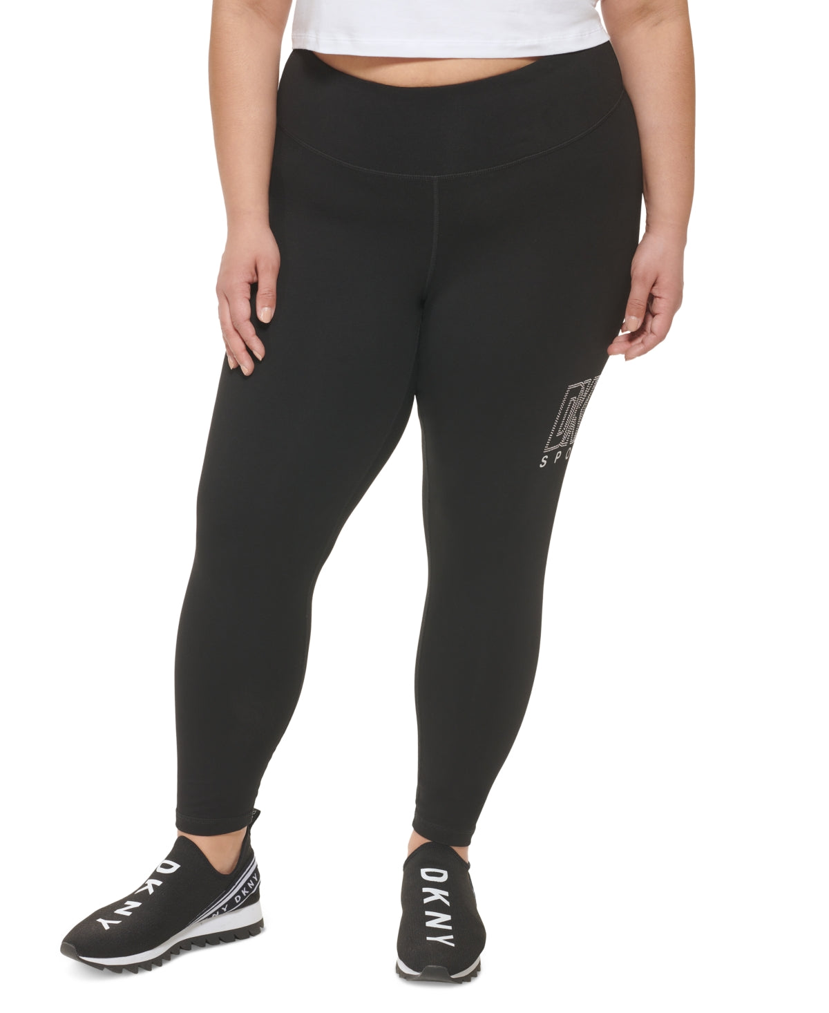 DKNY महिलाओं के एम्बेलिश्ड लोगो लेगिंग, काले रंग में, साइज़ 3X