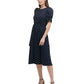 DKNY Women's Polka Dot Ruched Sleeve Midi Dress Blue Size 4Petite