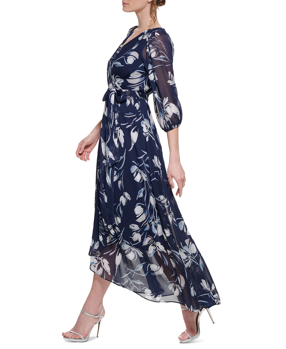 DKNY Women's Floral Print Faux Wrap Gown Blue Size 8