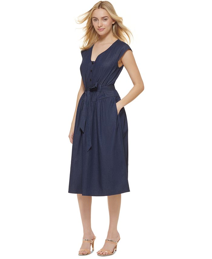 DKNY Women's Denim Cap Sleeve Tie Waist Midi Dress Blue Size 8