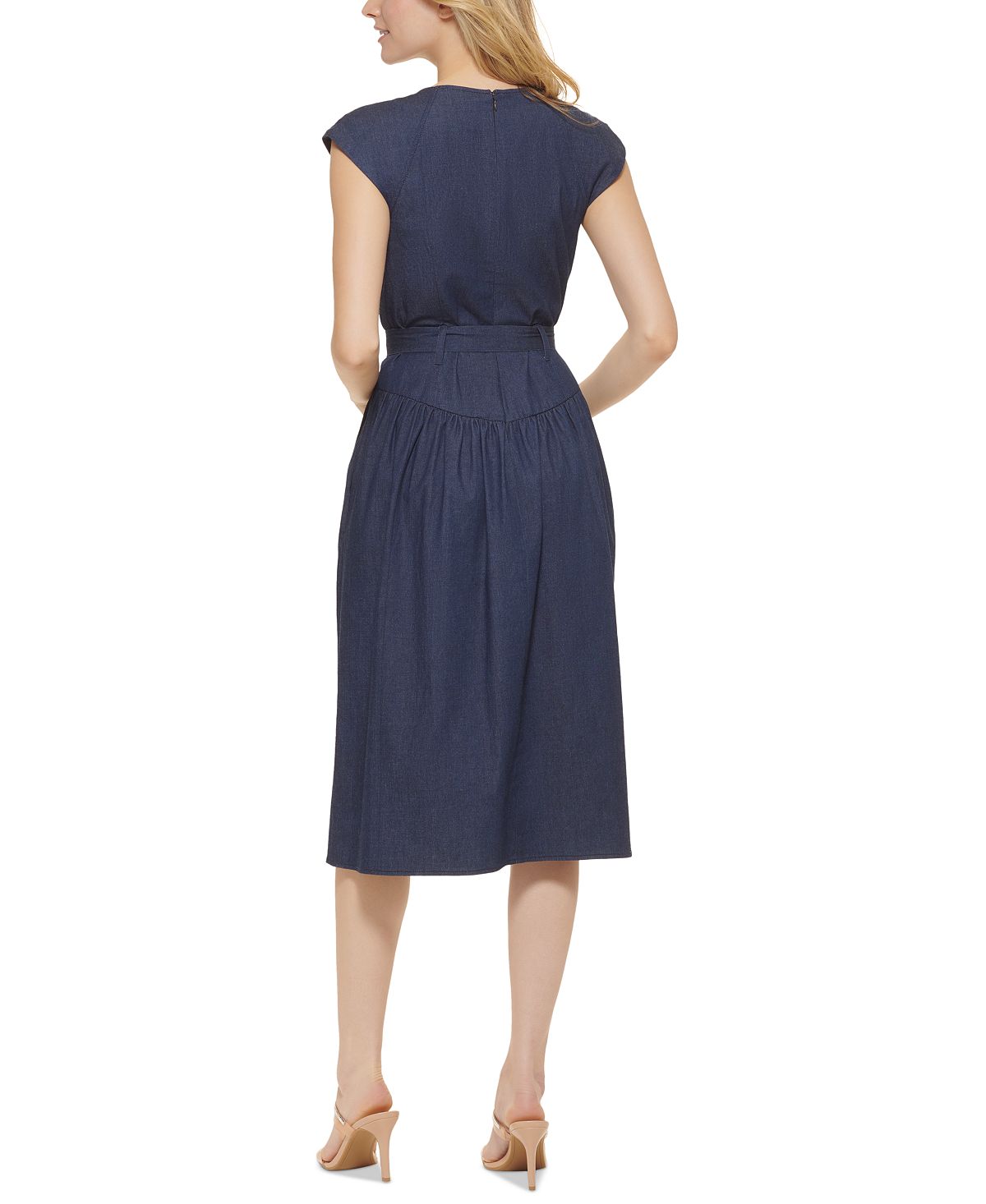 DKNY Women's Denim Cap Sleeve Tie Waist Midi Dress Blue Size 6
