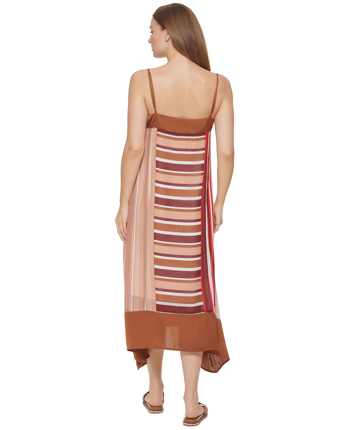 DKNY Women's Mixed Stripe Asymmetric Slipdress Brown Size Small