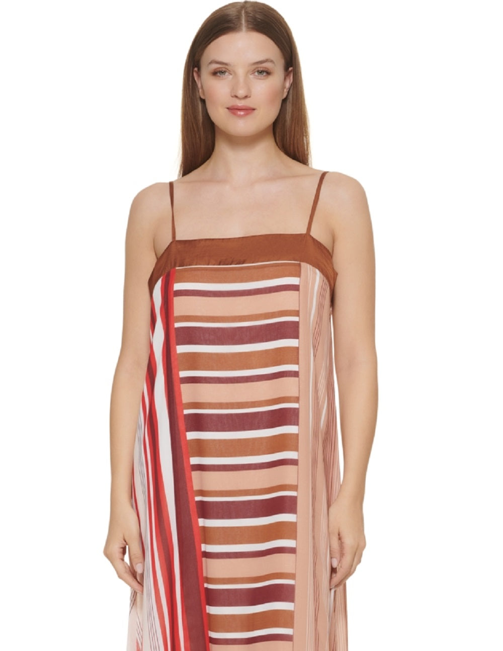 DKNY Women's Mixed Stripe Asymmetric Slipdress Brown Size Small