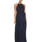 DKNY Women's Embellished Trim Pleated Halter Gown Blue Size 16