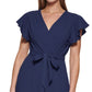 DKNY Women's Flutter Sleeve Faux Wrap Dress Blue Size 10