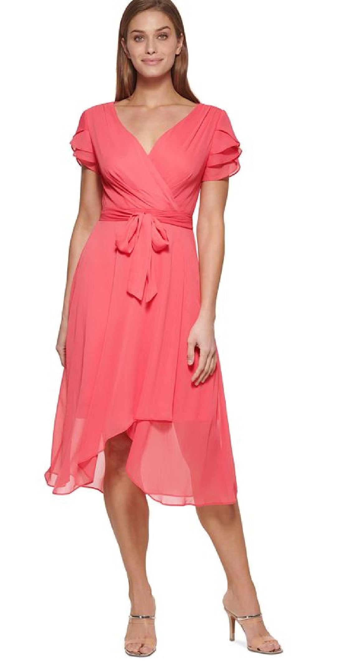 DKNY Women's Tiered Sleeve Faux Wrap Dress Red Size 16
