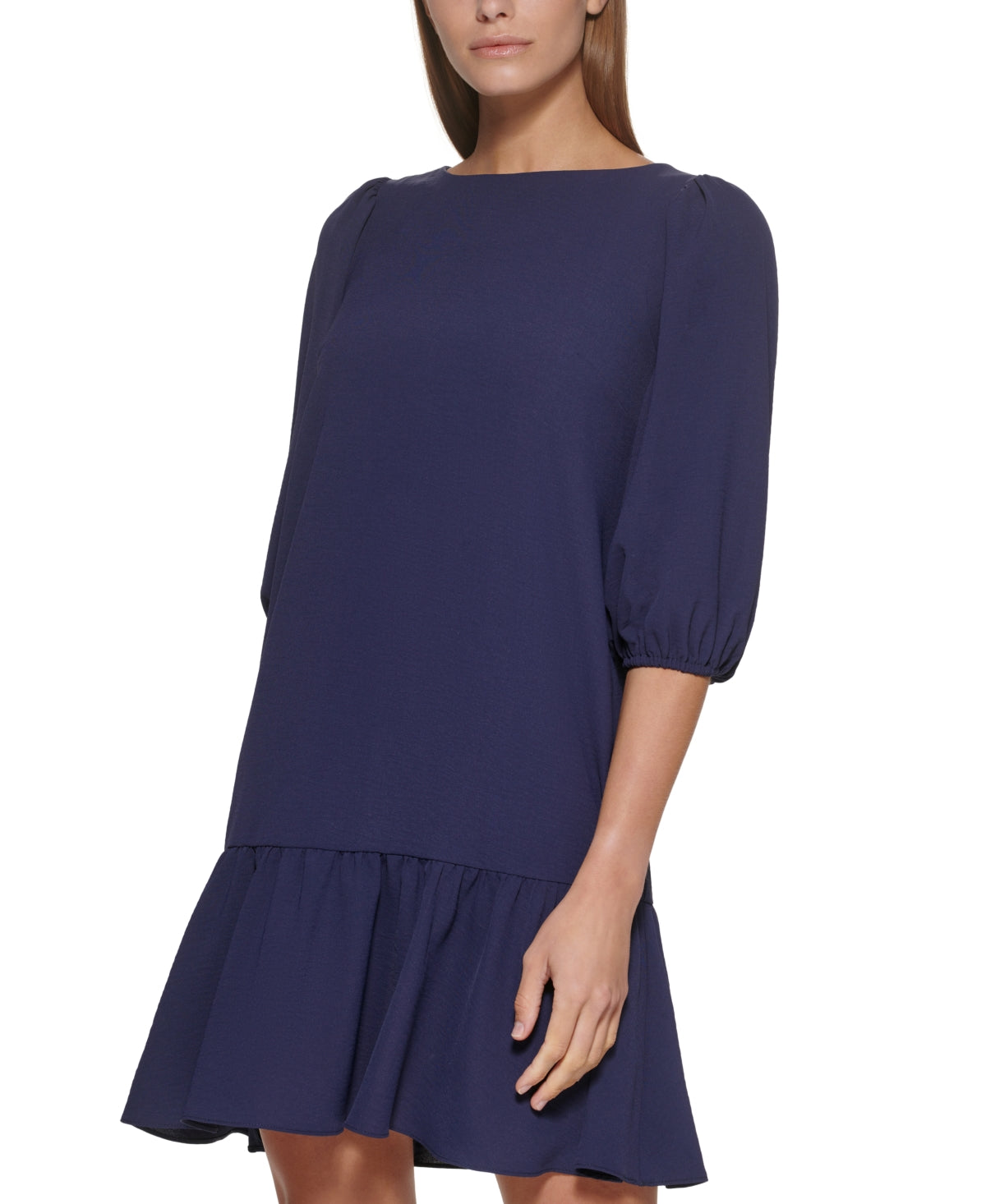 DKNY Women's Ruffled Hem Elbow Sleeve Dress Blue Size 6
