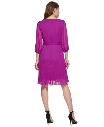 DKNY Women's Solid Tie Front Pleated Dress Pink Size 12
