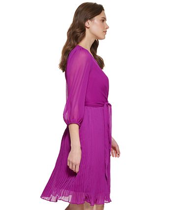 DKNY Women's Solid Tie Front Pleated Dress Pink Size 12